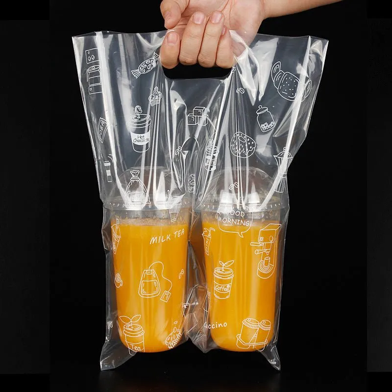 2 Cup Drink Carrier Bag 100 pcs with Handle for Take Out Delivery