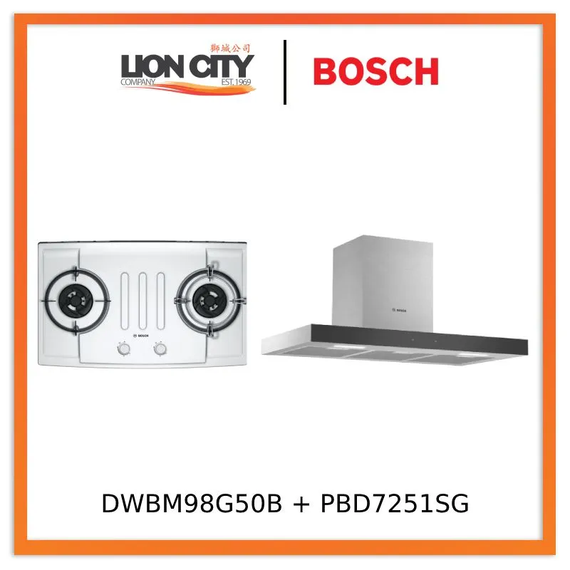 Bosch DWBM98G50B Series 4 Wall-mounted cooker hood 90 cm   PBD7251SG Series 2 Gas hob Stainless steel