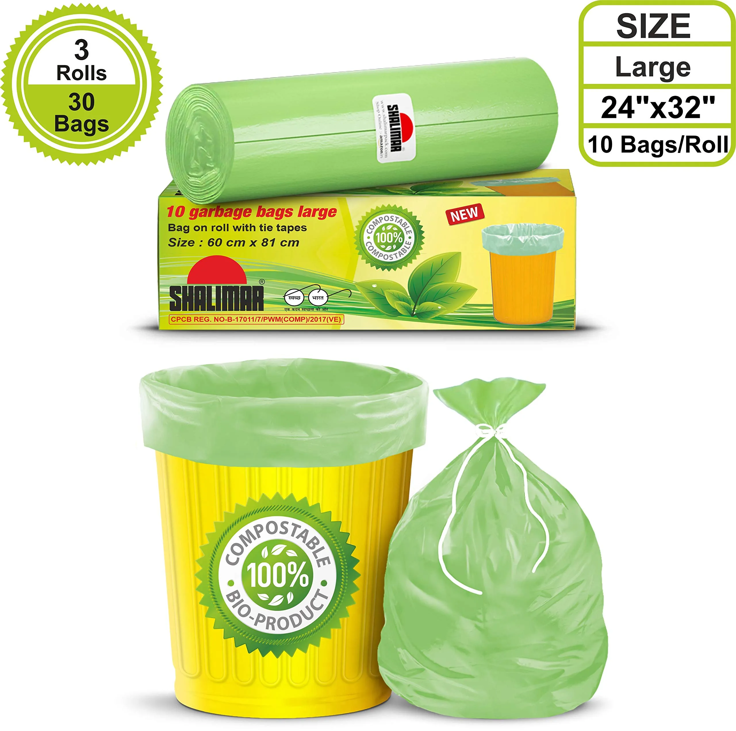 Shalimar Compostable Garbage Bag Size 24 X 32 Inches (Large) 30 Bags (3 Rolls) Dustbin Bag/Trash Bag - Green Color