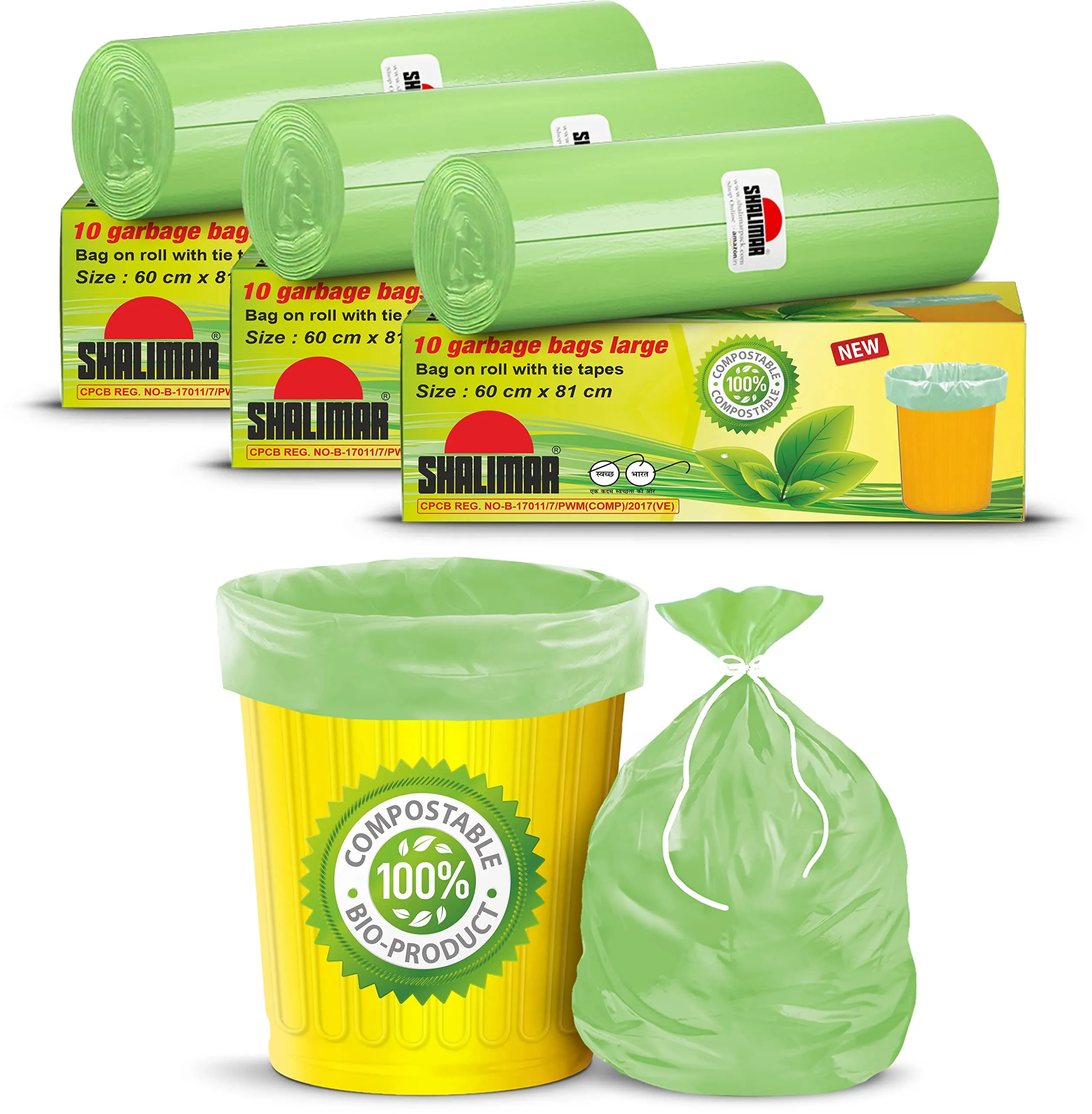 Shalimar Compostable Garbage Bag Size 24 X 32 Inches (Large) 30 Bags (3 Rolls) Dustbin Bag/Trash Bag - Green Color