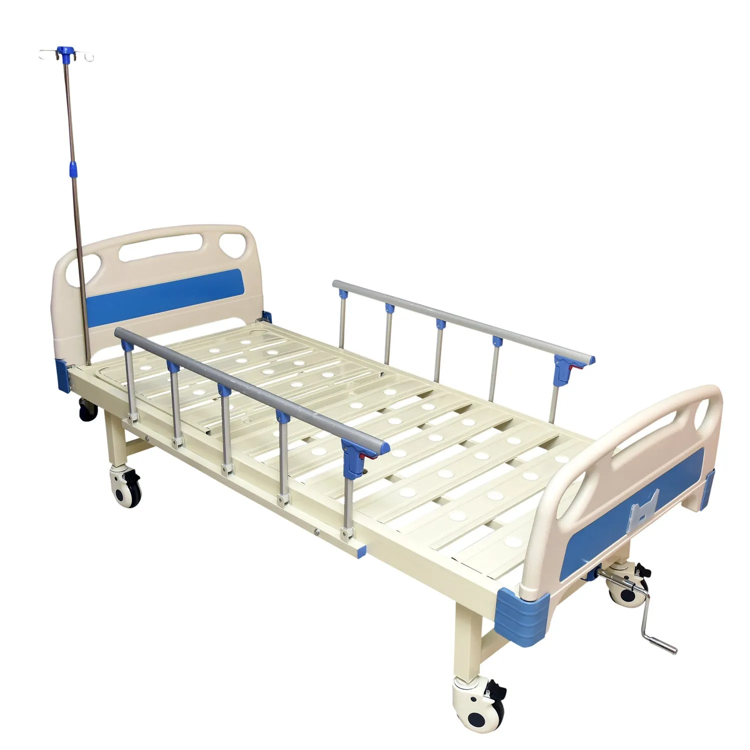 Smart Care Manual Full Semi Fowler Bed with ABS Panel, Side Railing & IV Stand (Wooden Box Packing)